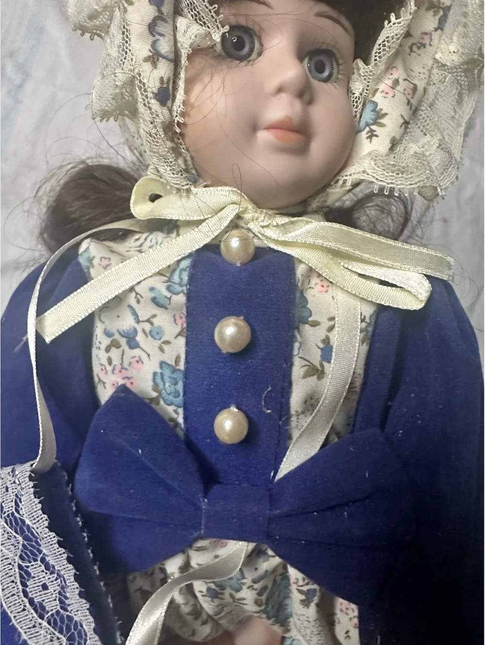 Vintage Porcelain Doll in Blue Velvet and Floral Dress with Lace Trim